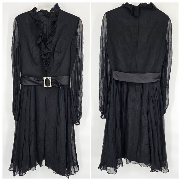 Vintage 1960s Cocktail Party Dress 9 Black Chiffon Ruffle V Neck Rhinestone Belt - Picture 1 of 13
